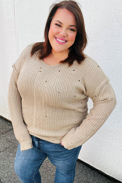 Dueling Dreams Taupe Distressed V Neck Sweater