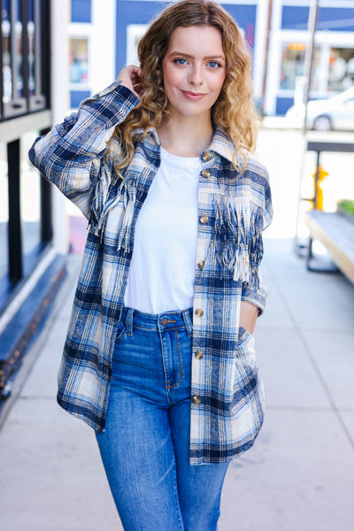 Boldly You Navy Plaid Fringe Button Down Shacket