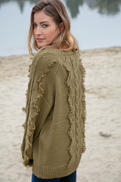 Olive Cable and Fringe Tassel Braided Sweater