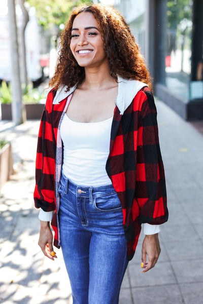 Stepping Out Red Buffalo Plaid Ribbed Hooded Sweater