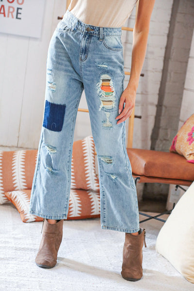 Cotton Washed High Waist Ripped Patchwork Straight Leg Jeans **Reduced**