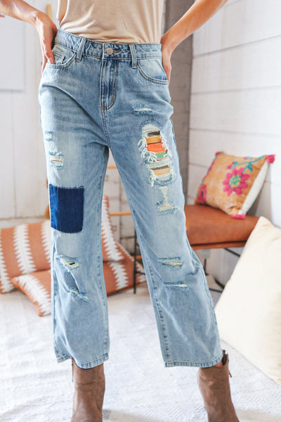 Cotton Washed High Waist Ripped Patchwork Straight Leg Jeans **Reduced**