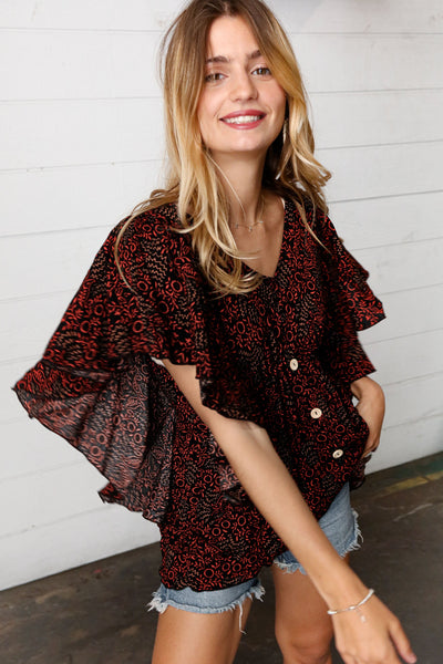 Black & Orange Boho Print Button Detail Side Ruffle Top