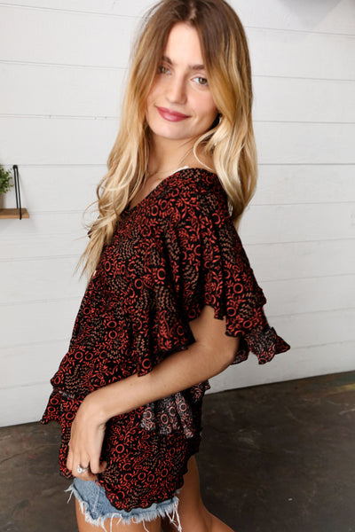 Black & Orange Boho Print Button Detail Side Ruffle Top