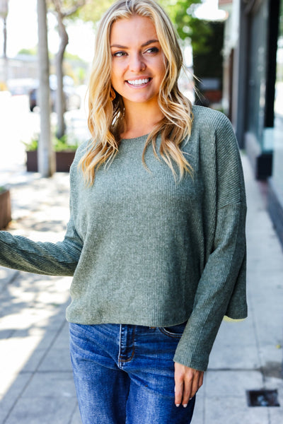 Olive Ribbed Dolman Cropped Sweater **Plus**