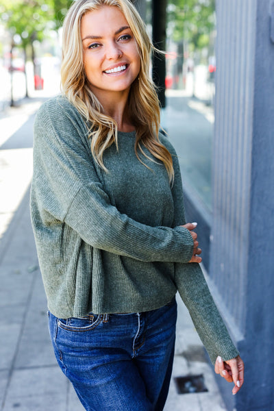 Olive Ribbed Dolman Cropped Sweater **Plus**