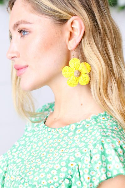 Canary Handwoven Straw Flower Dangle Earrings