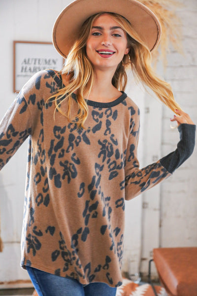 Brown Hacci Leopard Print Ribbed Long Sleeve Pullover