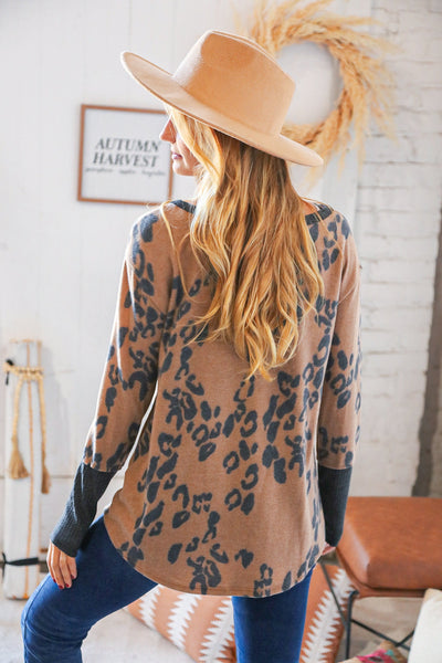 Brown Hacci Leopard Print Ribbed Long Sleeve Pullover
