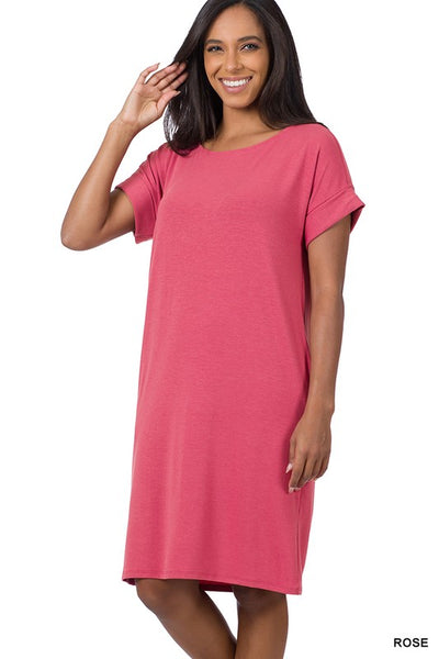 Rolled Short Sleeve Round Neck Dress **Sale**