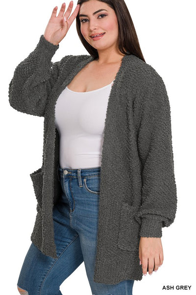 Plus Sleeve Popcorn Cardigan With Pockets