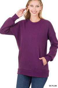 ZENANA Round Neck Sweatshirt Side Pockets **5 Different Colors**
