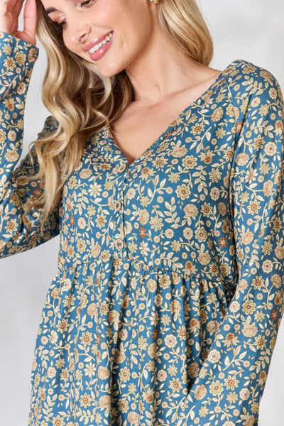 Heimish Full Size Floral Half Button Long Sleeve Blouse **on sale**