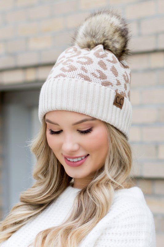 Leopard Fur Pom Beanie