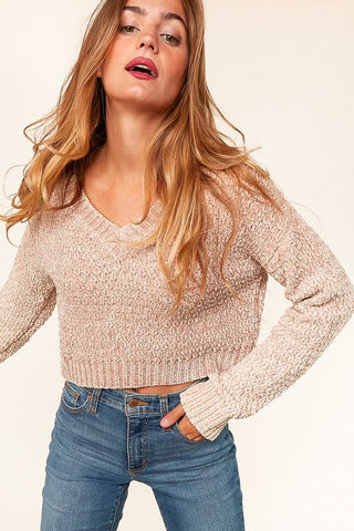 Plus size Latte Chenille Velvet Cropped Knit Top Sweater