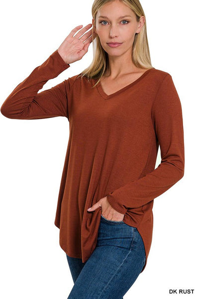 Long Sleeve V-Neck Round Hem Top  **Sale**