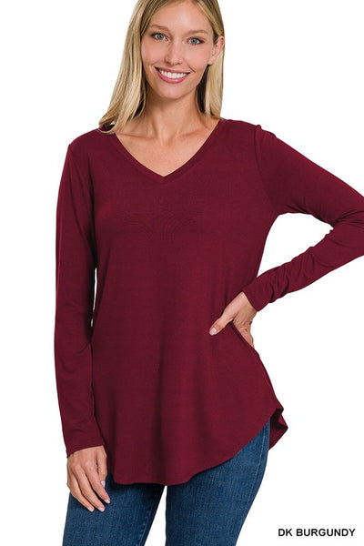 Long Sleeve V-Neck Round Hem Top  **Sale**