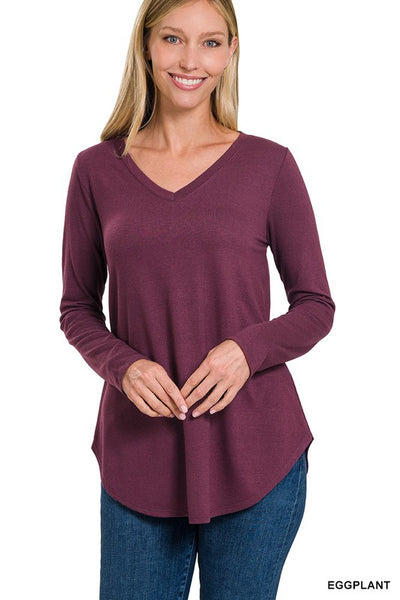 Long Sleeve V-Neck Round Hem Top  **Sale**