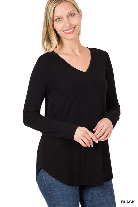 Long Sleeve V-Neck Round Hem Top  **Sale**