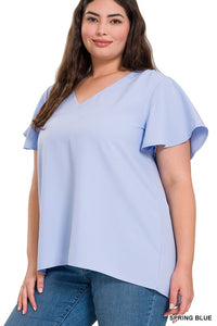 Plus Size Woven Flutter Sleeve V-Neck Top