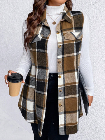 Honey Plus Size Pocketed Plaid Button Up Vest Coat *3 Colors*