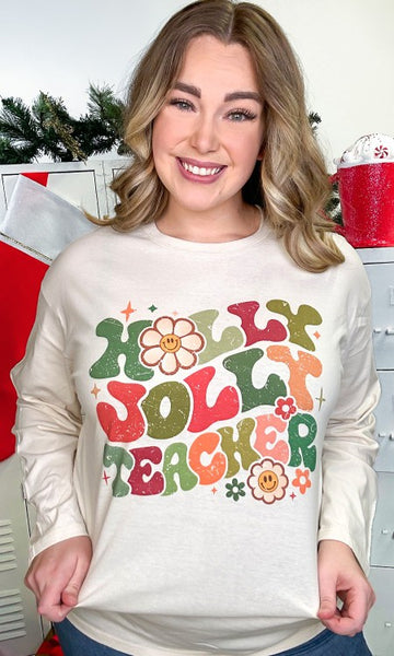 Holly Jolly Teacher Graphic BF Long Sleeve T-Shirt Size s-5x