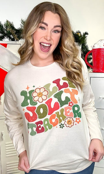 Holly Jolly Teacher Graphic BF Long Sleeve T-Shirt Size s-5x