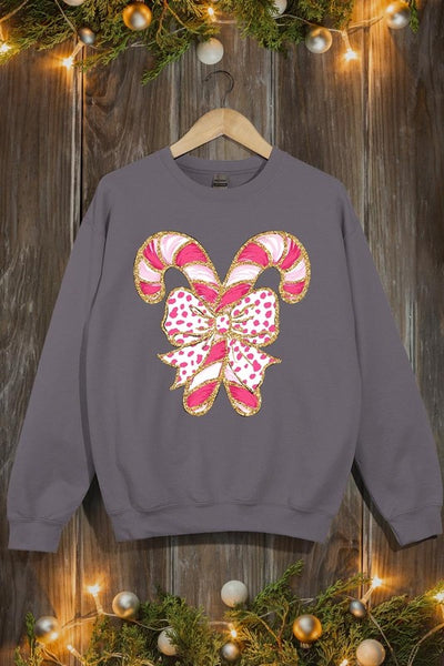 Faux Glitter Coquette Candy Cane Graphic Sweatshirt**15 Colors**