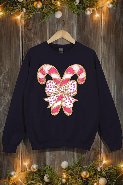 Faux Glitter Coquette Candy Cane Graphic Sweatshirt**15 Colors**