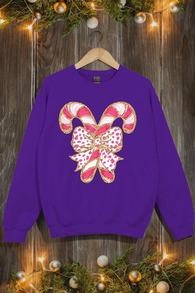 Faux Glitter Coquette Candy Cane Graphic Sweatshirt**15 Colors**