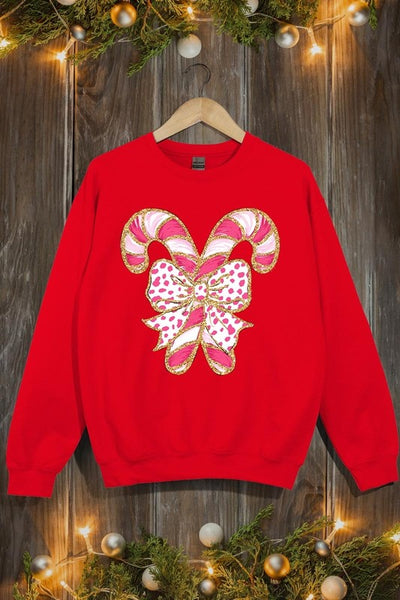 Faux Glitter Coquette Candy Cane Graphic Sweatshirt**15 Colors**