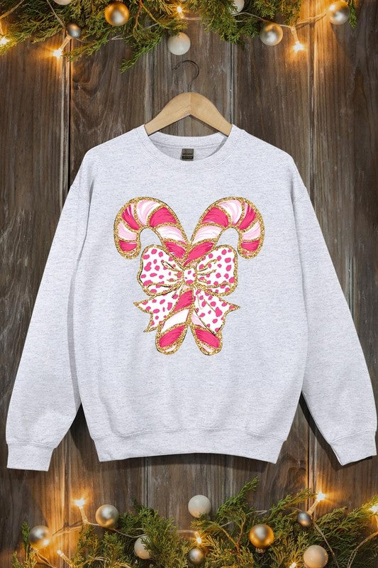 Faux Glitter Coquette Candy Cane Graphic Sweatshirt**15 Colors**