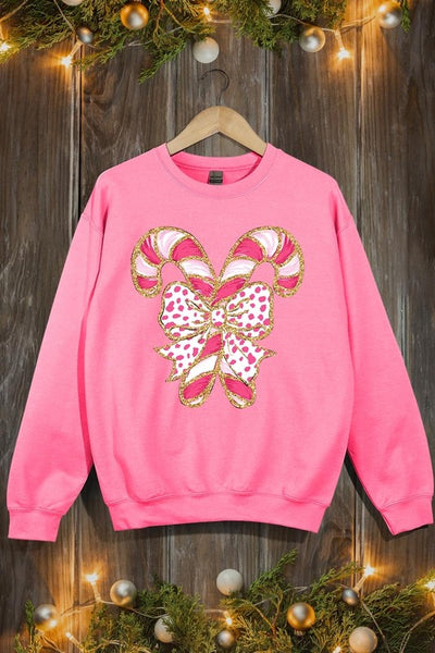 Faux Glitter Coquette Candy Cane Graphic Sweatshirt**15 Colors**