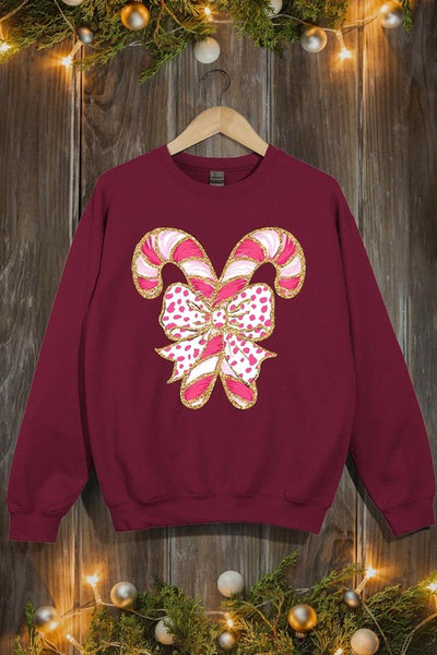 Faux Glitter Coquette Candy Cane Graphic Sweatshirt**15 Colors**