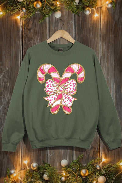 Faux Glitter Coquette Candy Cane Graphic Sweatshirt**15 Colors**