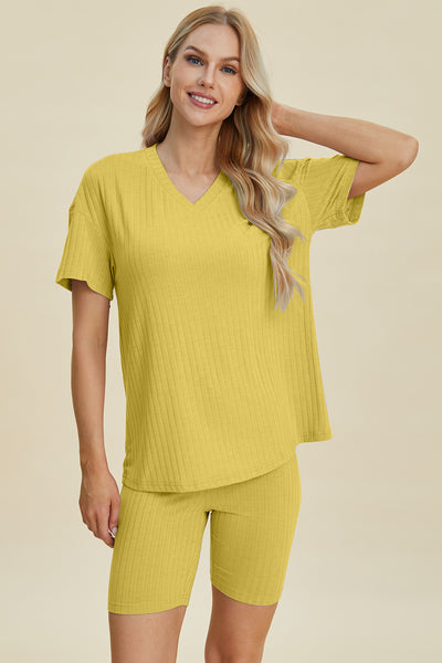 Ribbed V-Neck Short Sleeve Top and Shorts Set **10 Colors**