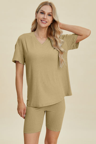 Ribbed V-Neck Short Sleeve Top and Shorts Set **10 Colors**