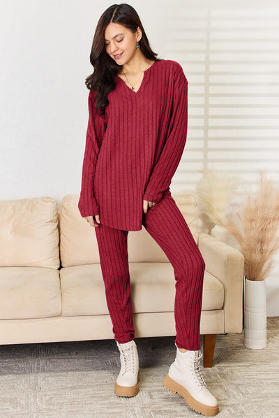 Basic Bae Full Size Notched Long Sleeve Top and Pants Set **3 colors**