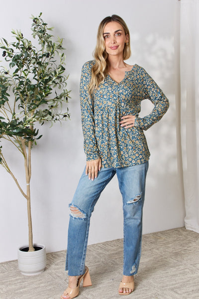 Heimish Full Size Floral Half Button Long Sleeve Blouse **on sale**