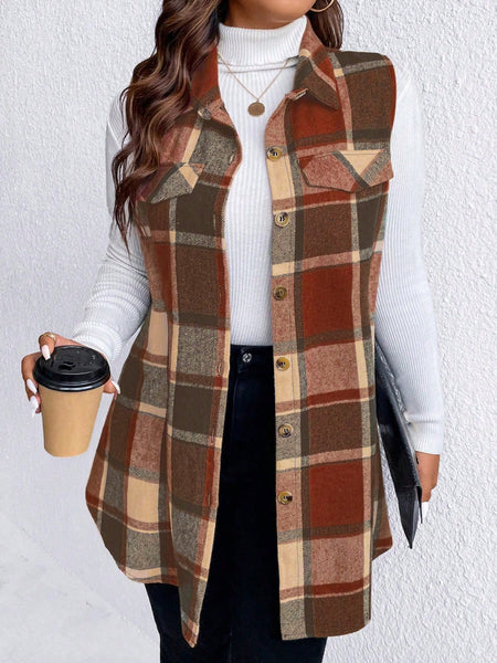 Honey Plus Size Pocketed Plaid Button Up Vest Coat *3 Colors*