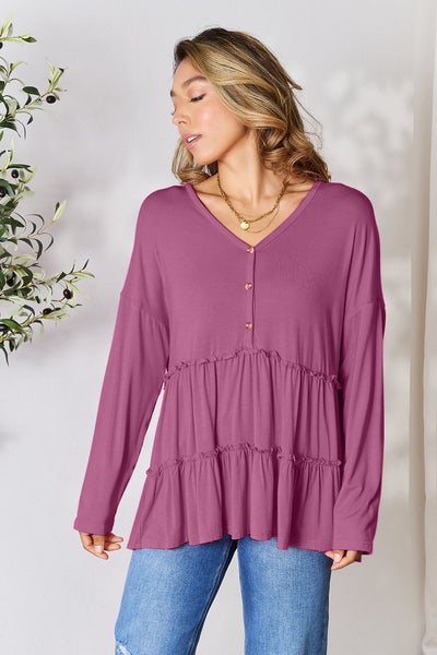 Double Take Half Button Long Sleeve Ruffle Hem Blouse **on sale**