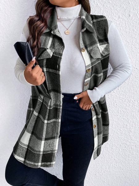 Honey Plus Size Pocketed Plaid Button Up Vest Coat *3 Colors*