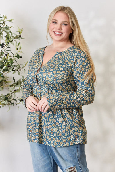 Heimish Full Size Floral Half Button Long Sleeve Blouse **on sale**
