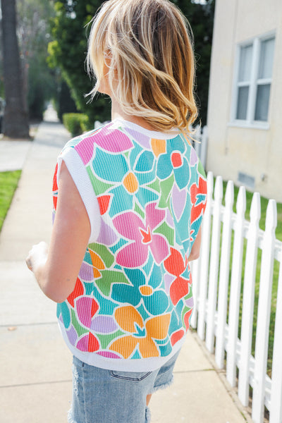 Beautiful You Multicolor Floral Rib Dolman Sleeve Banded Top