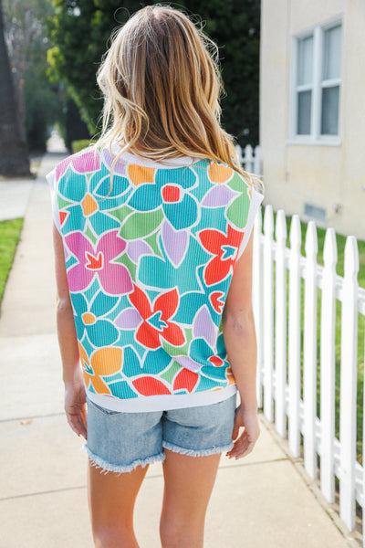 Beautiful You Multicolor Floral Rib Dolman Sleeve Banded Top