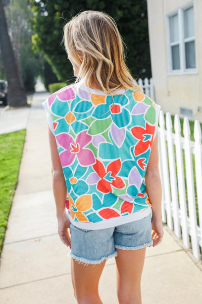 Beautiful You Multicolor Floral Rib Dolman Sleeve Banded Top