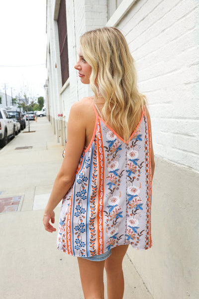 Sunny Days Coral Ruffle V Neck Floral Print Sleeveless Top