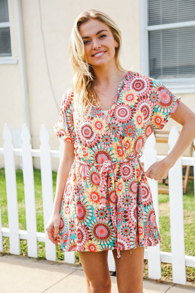 Feeling Bold Multicolor Mandala Print Surplice Tie Waist Romper