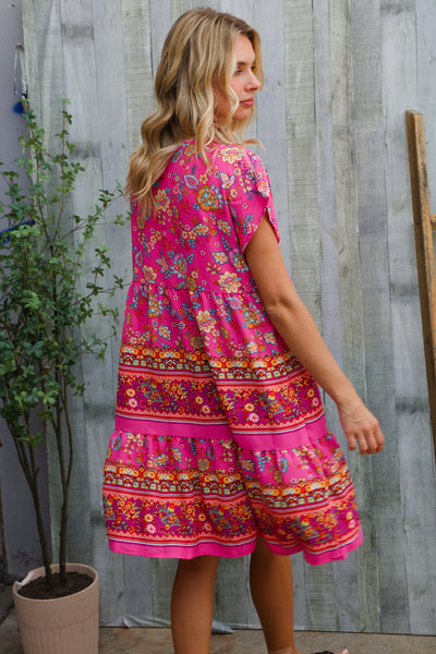 Boho Love Fuchsia Floral Print V Neck Dolman Sleeve Dress