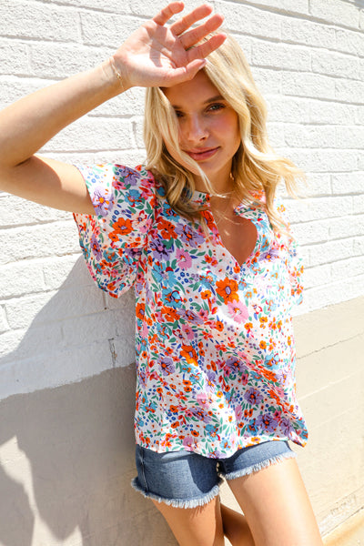 Beautiful You Ivory Floral Print Notch Neck Puff Short Sleeve Top